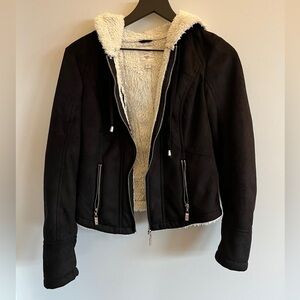 Women's Guess Faux Suede Black Sherpa-Lined Jacket